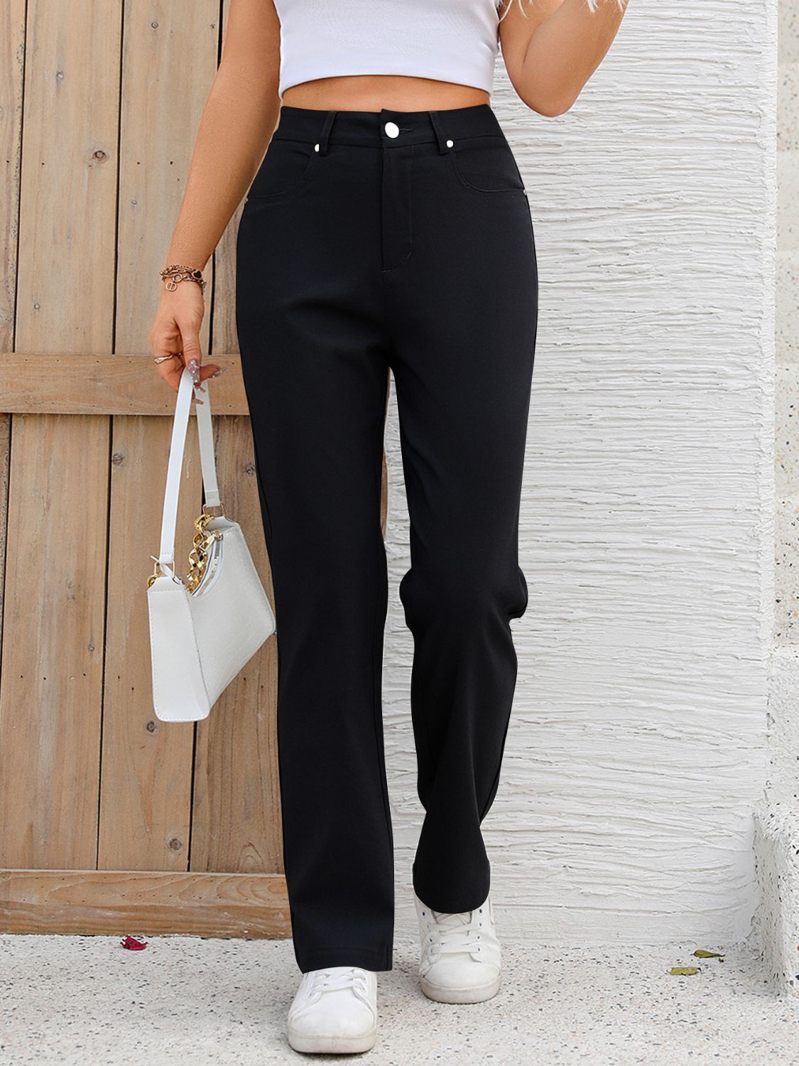 Pocketed High Waist Straight Pants Black