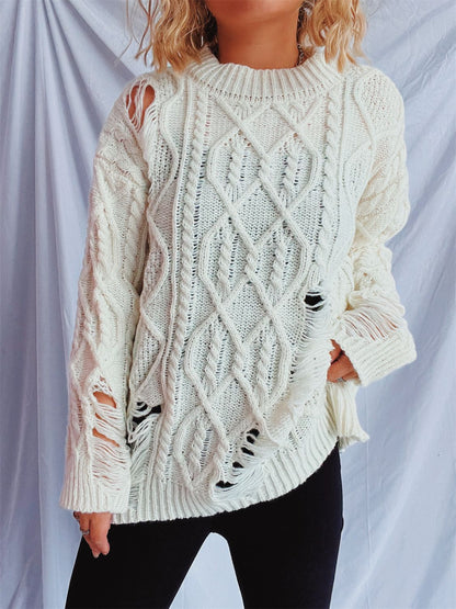 Distressed Cable-Knit Round Neck Long Sleeve Sweater White One Size