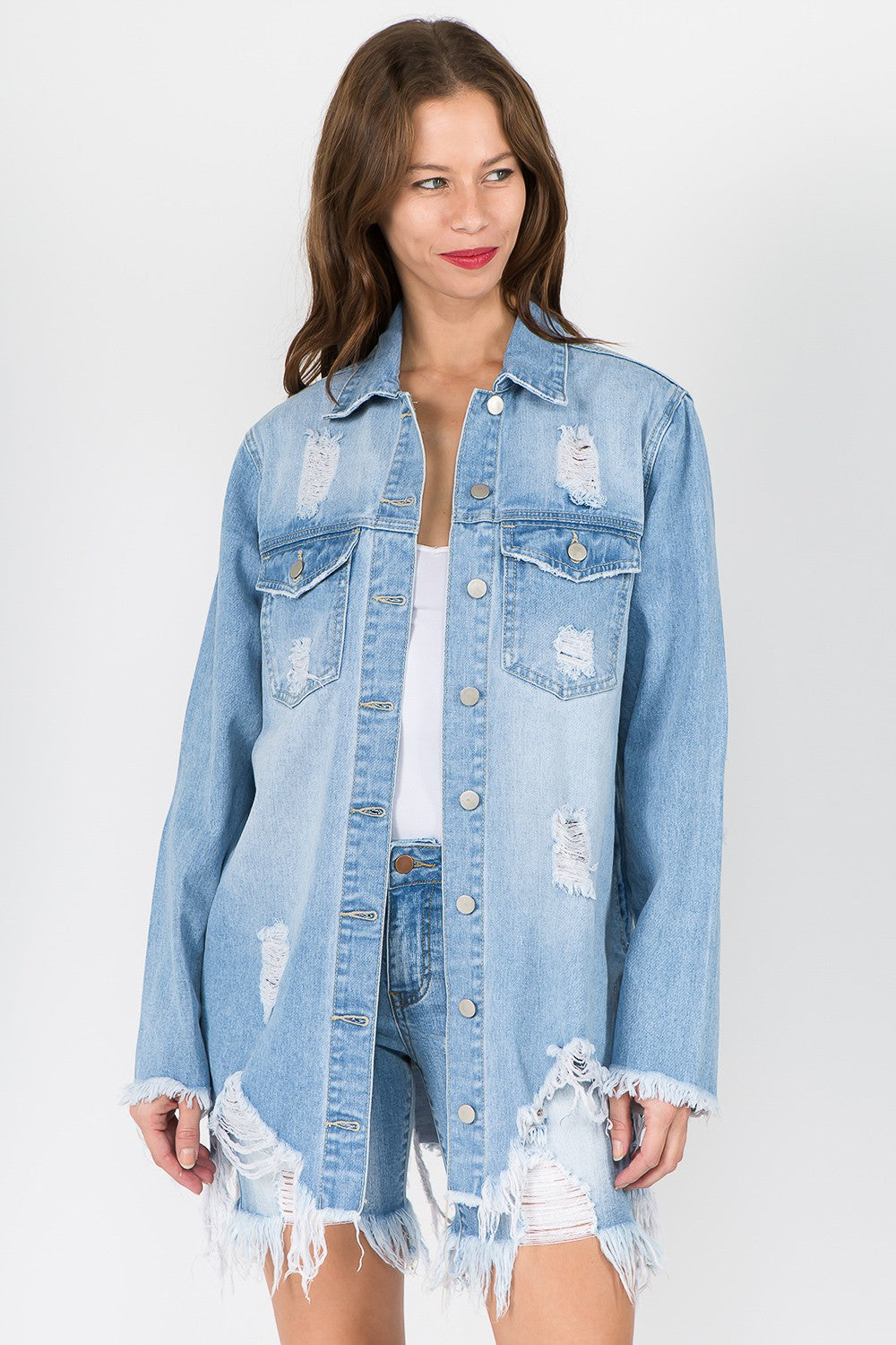 Women's Distressed Denim Jacket with Frayed Hem LT Blue