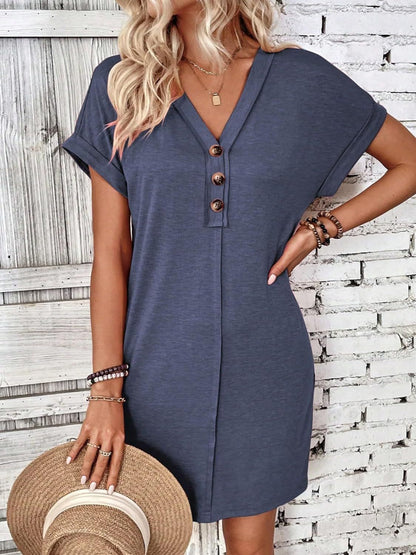 Quarter Button V-Neck Short Sleeve Dress Dark Blue