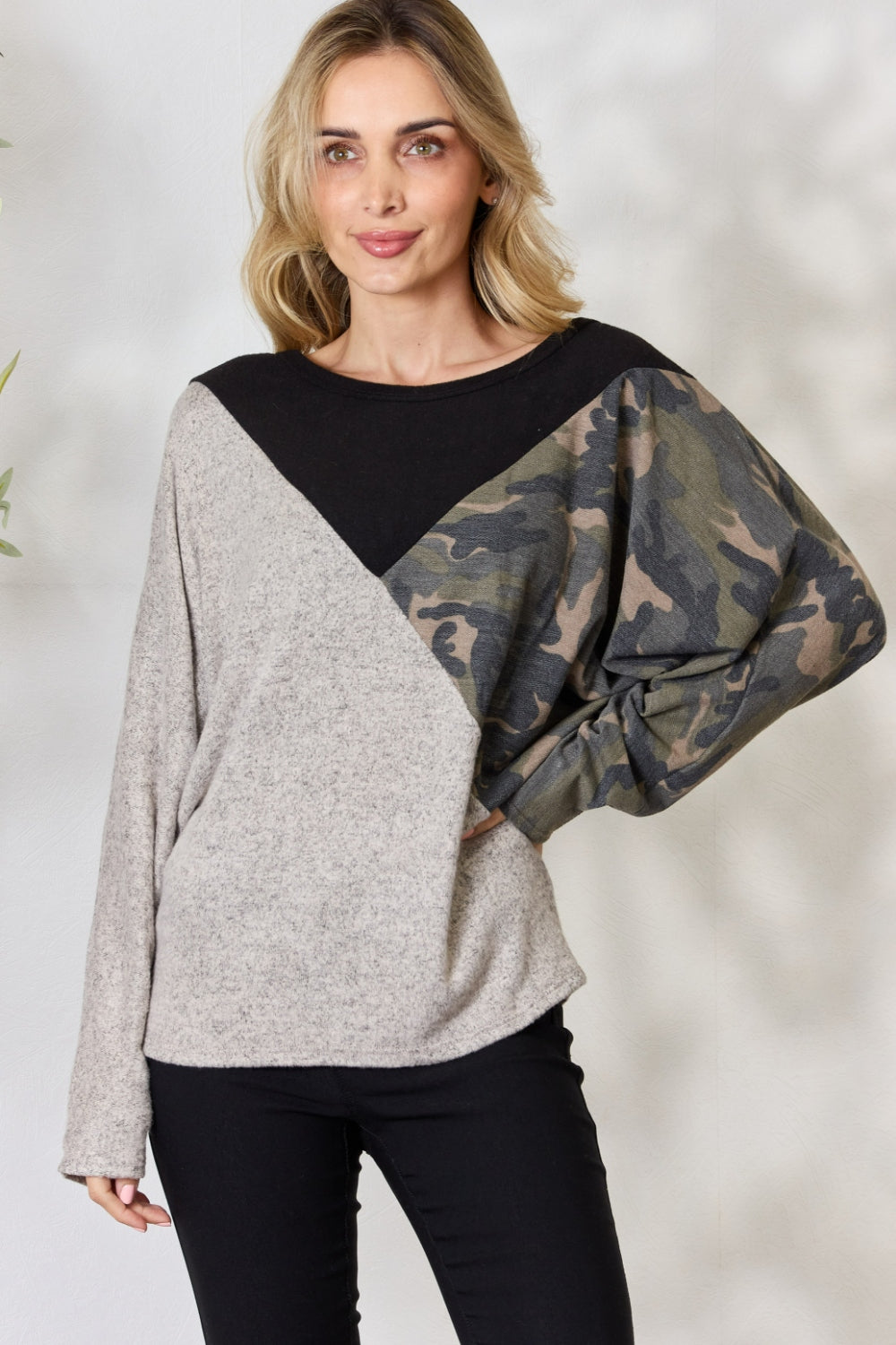 BiBi Brushed Hacci Color Block Long Sleeve Top Mocha