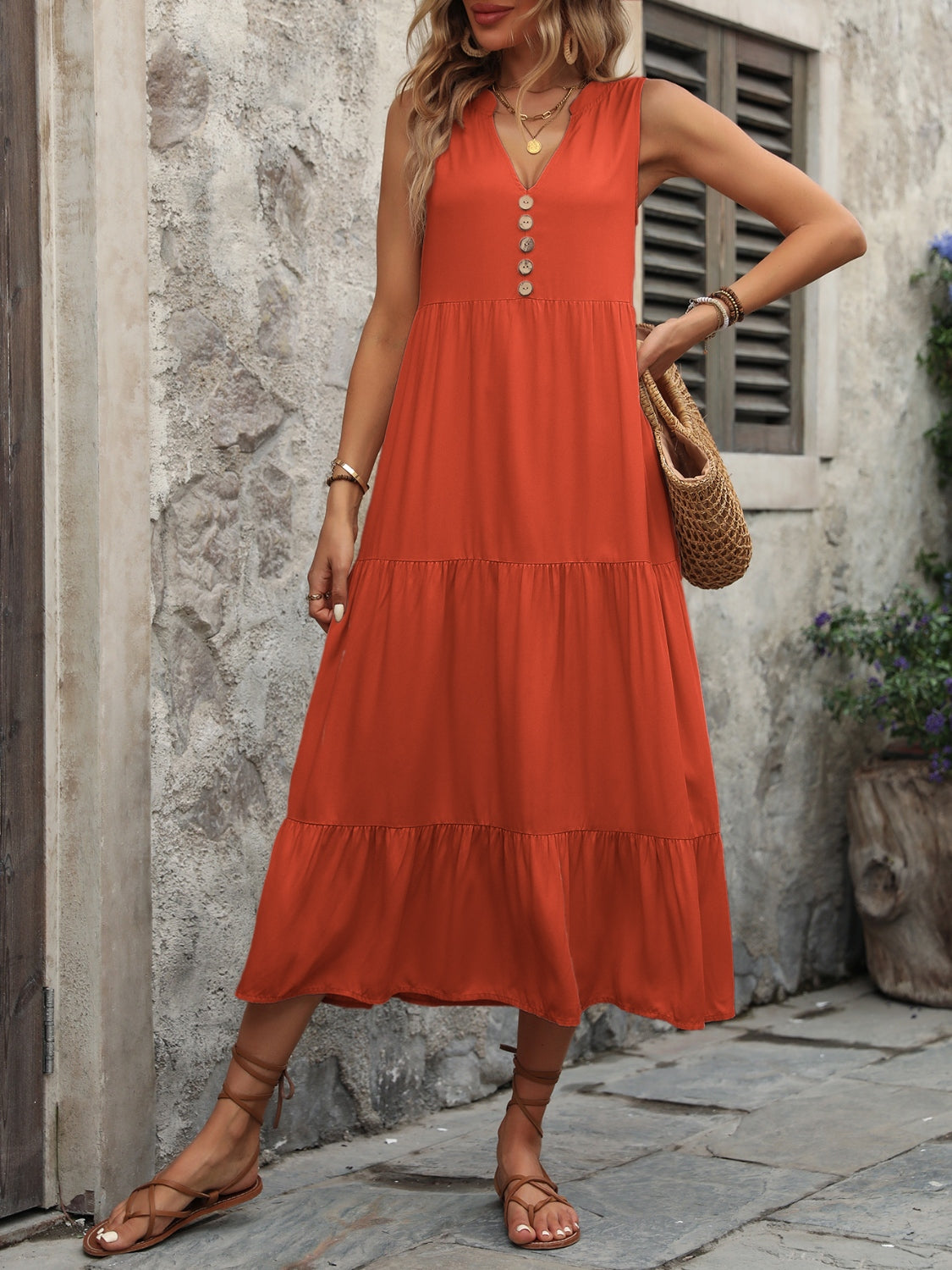 Cotton Sleeveless Dress with Decorative Buttons
