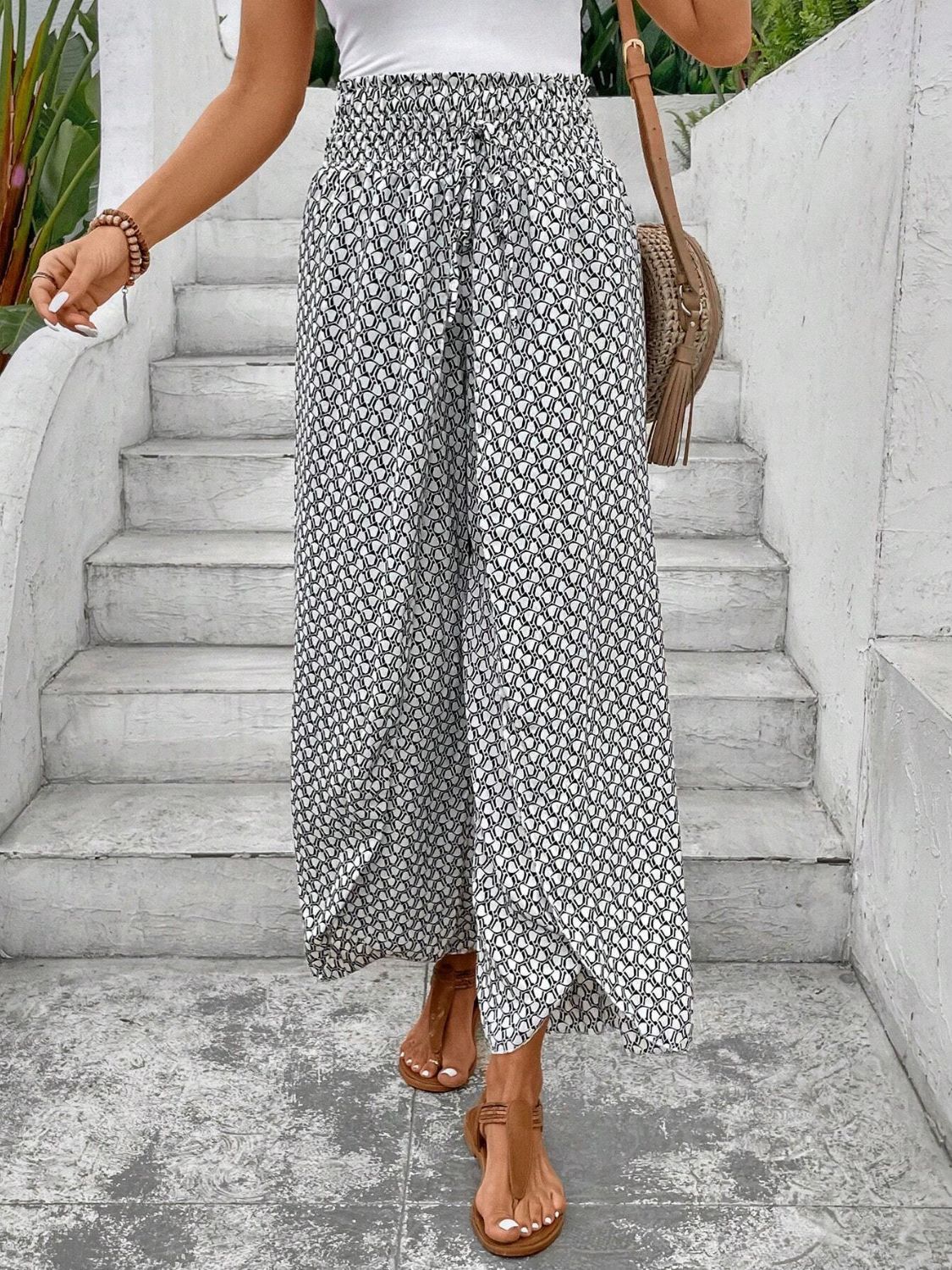 Tied Printed Wide Leg Pants White