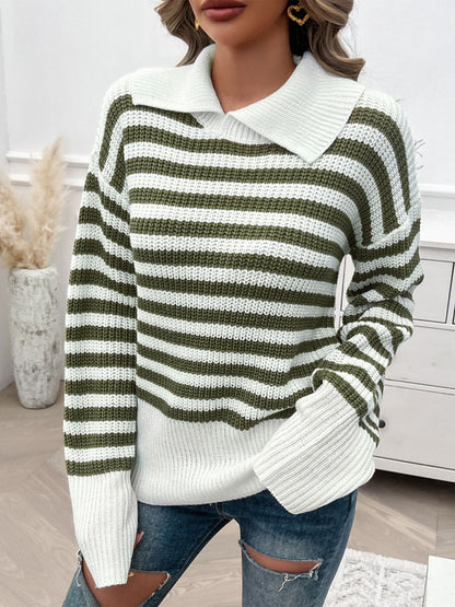 Women's Striped Sweater Collar Moss