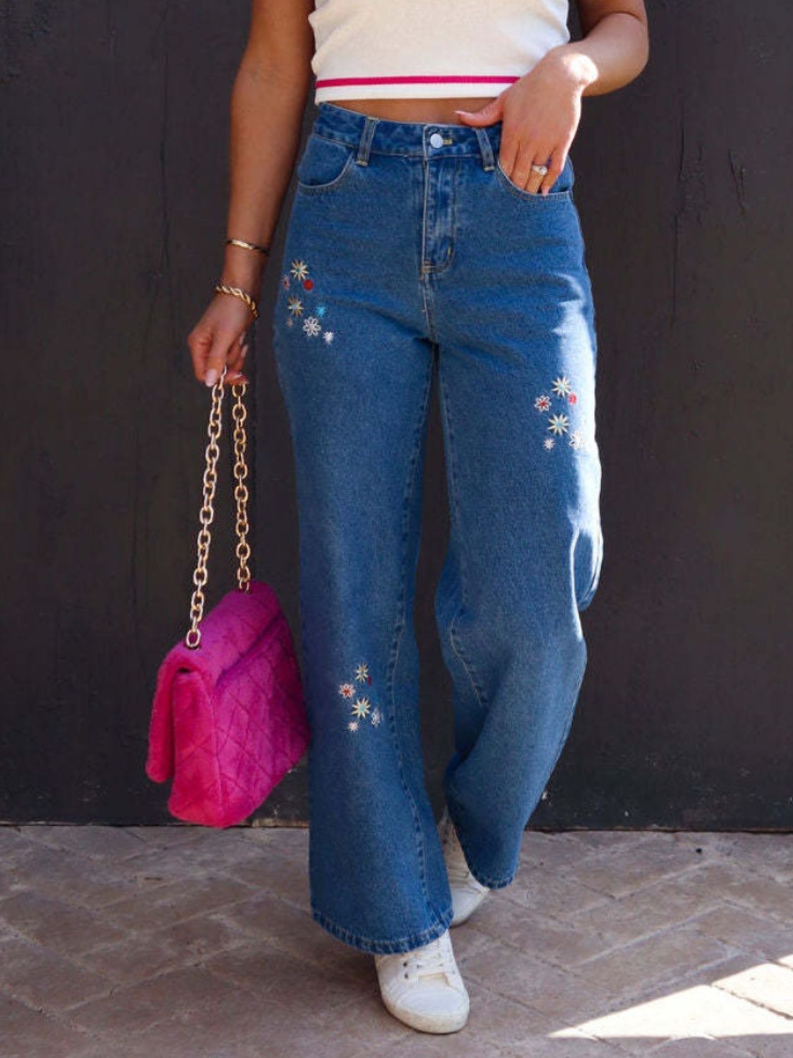 Embroidered Straight Jeans with Pockets Navy