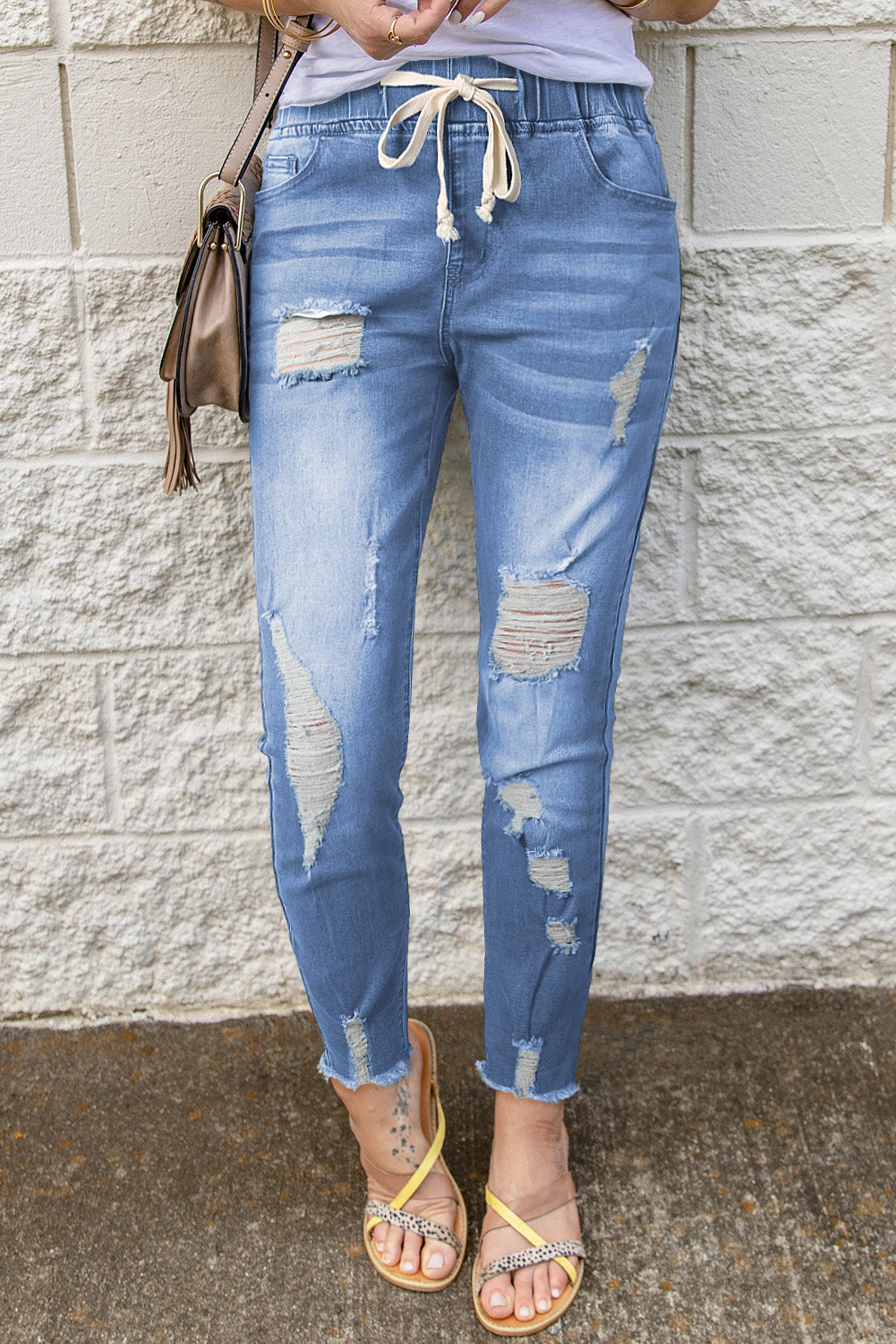 Drawstring Distressed Raw Hem Jeans with Pockets Light