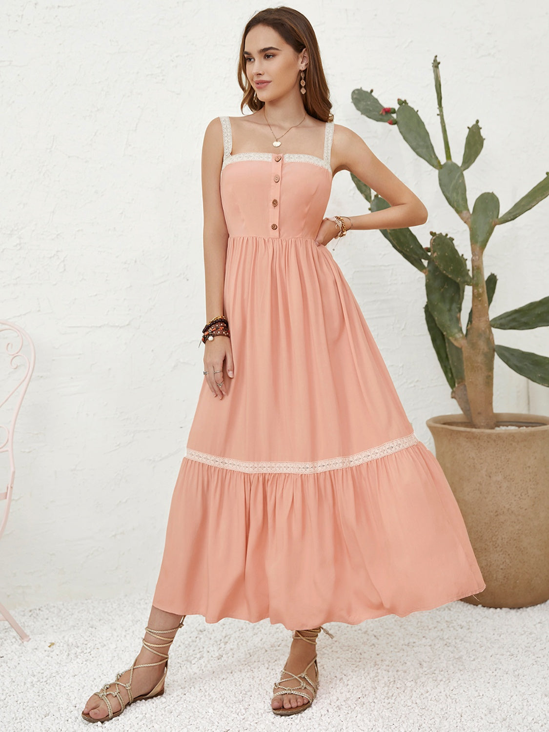 Back-to-School Button-Front Lace Midi Dress