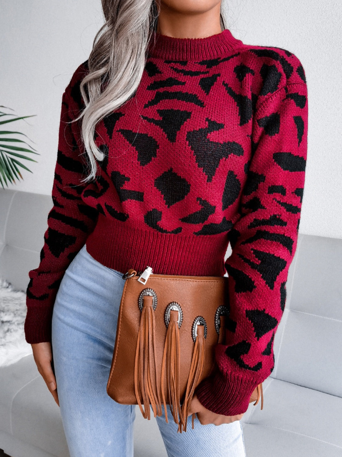 Leopard Round Neck Dropped Shoulder Sweater Rust