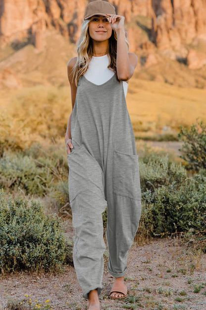 Sleeveless V-Neck Jumpsuit with Pockets Light Gray