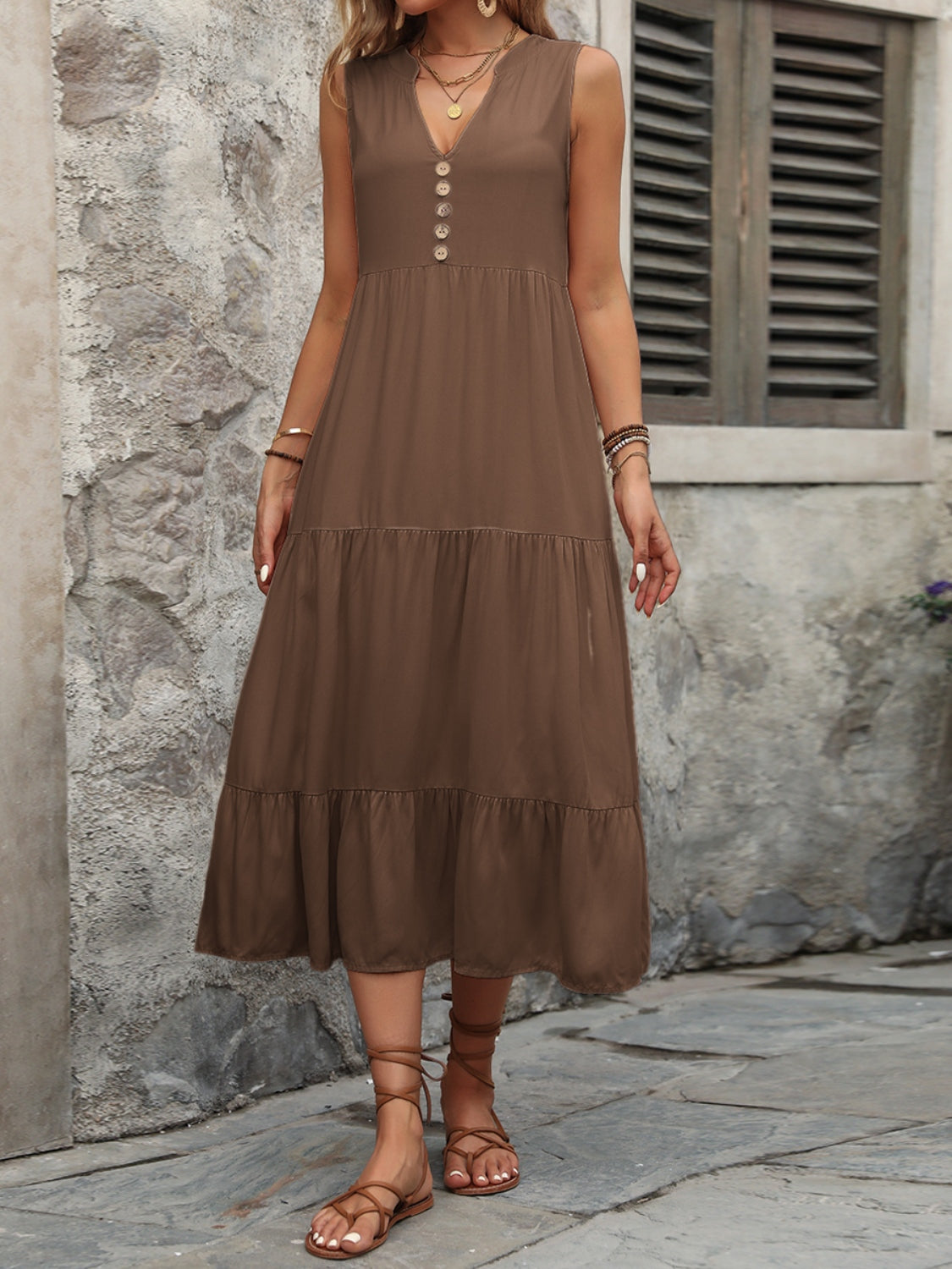 Cotton Sleeveless Dress with Decorative Buttons