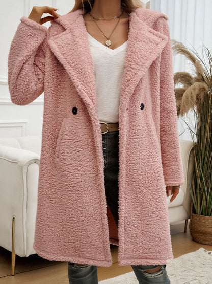 Devine Pocketed Long Sleeve Hooded Teddy Coat Dusty Pink