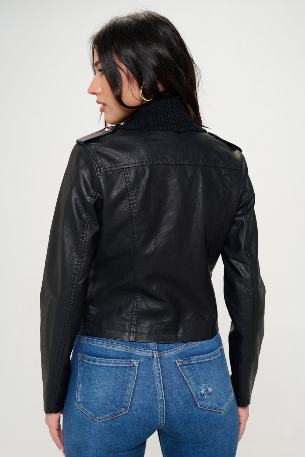 Women's Knit Collar Faux Leather Crop Jacket