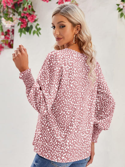 Printed V-Neck Lantern Sleeve Blouse