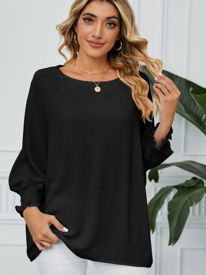 Smocked Lantern Sleeve Round Neck Blouse Black