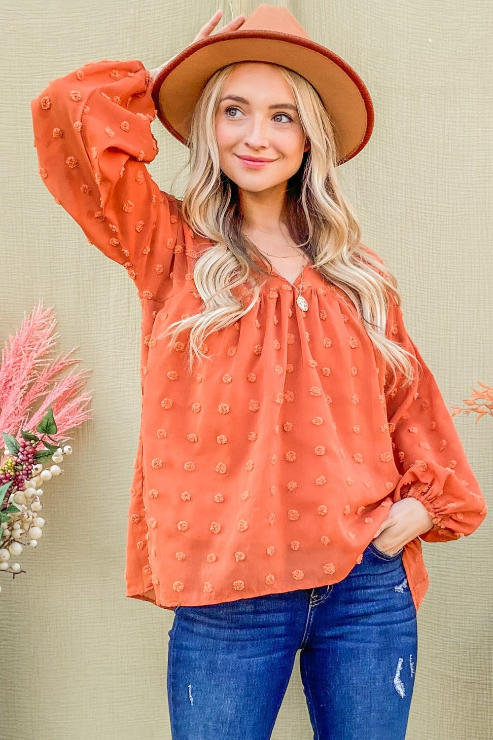 And The Why Swiss Dot V Neck Balloon Sleeve Woven Blouse Rust