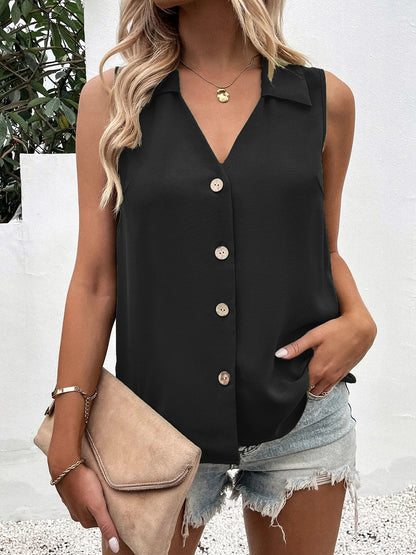 Full Size Johnny Collar Button Up Tank Black