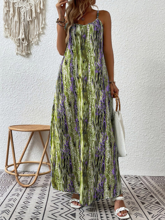 Full Size Printed Scoop Neck Maxi Cami Dress Lime