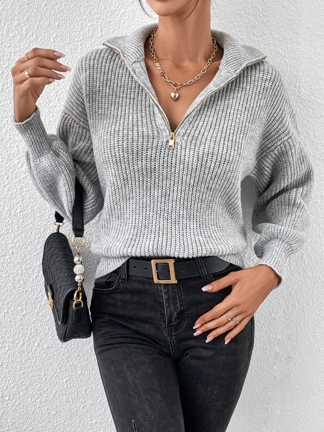 Honey Half Zip Dropped Shoulder Sweater Gray