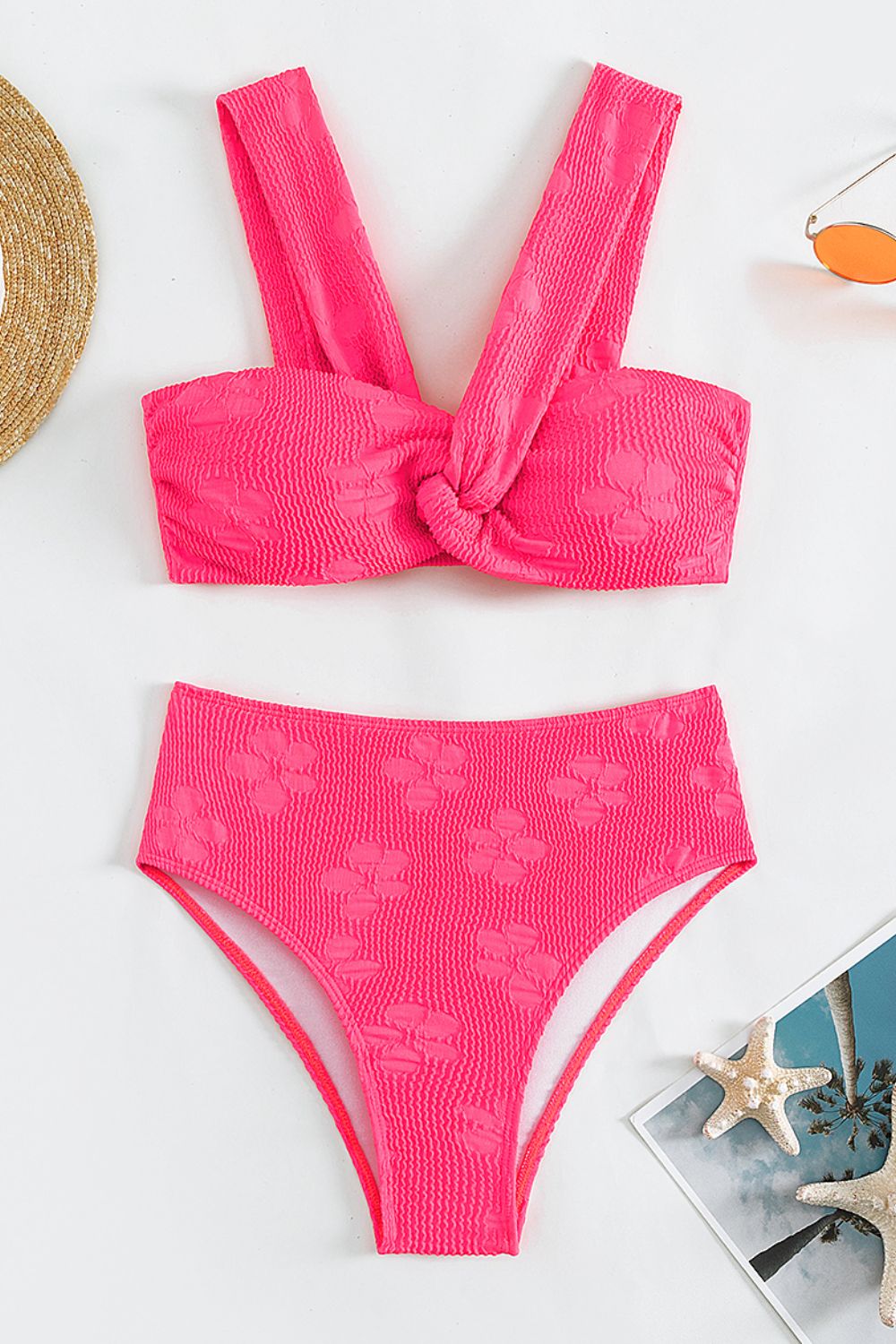 Textured High-Waist Twist Bikini Set Hot Pink