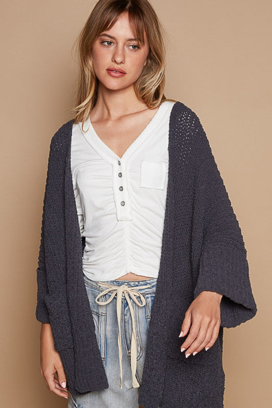 POL Open Front Sweater Cardigan with Pockets Ink Charcoal