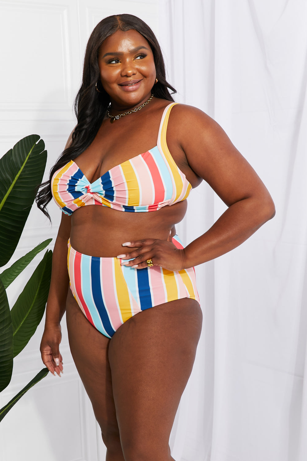 Striped Twist-Front High-Waisted Bikini