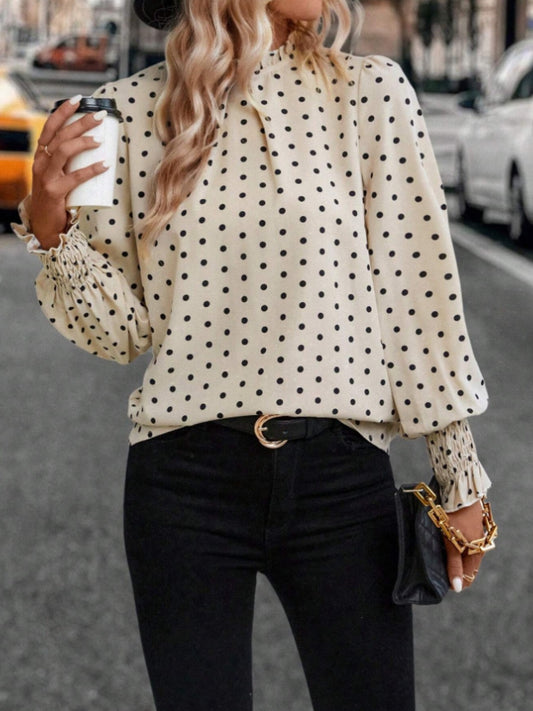 Polka Dot Mock Neck Long Sleeve Blouse Tan