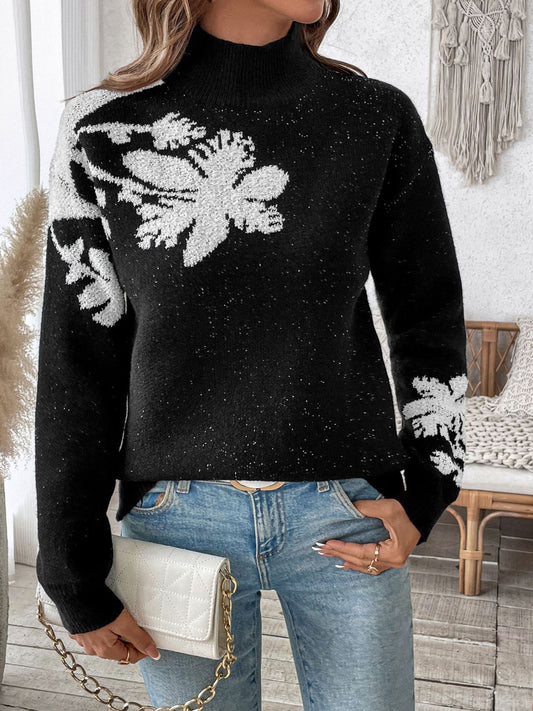 Perfee Flower Mock Neck Long Sleeve Sweater Black