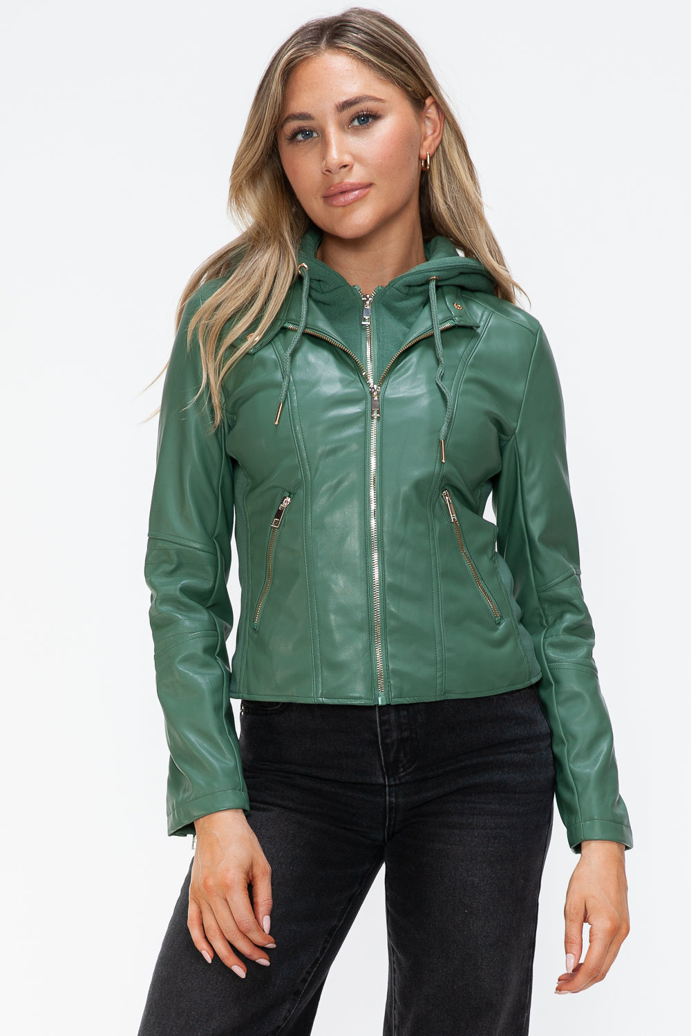 Snobbish Faux Leather Zip Up Drawstring Hooded Jacket Sage