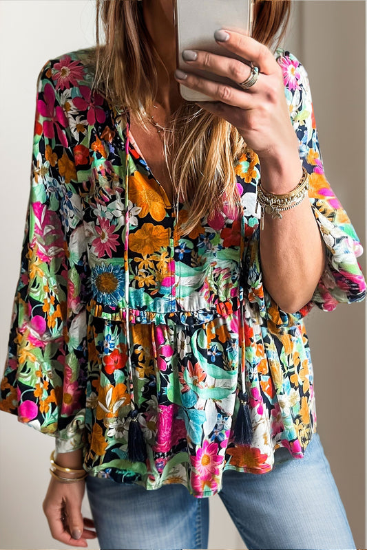 Printed Tie Neck Long Sleeve Blouse Floral