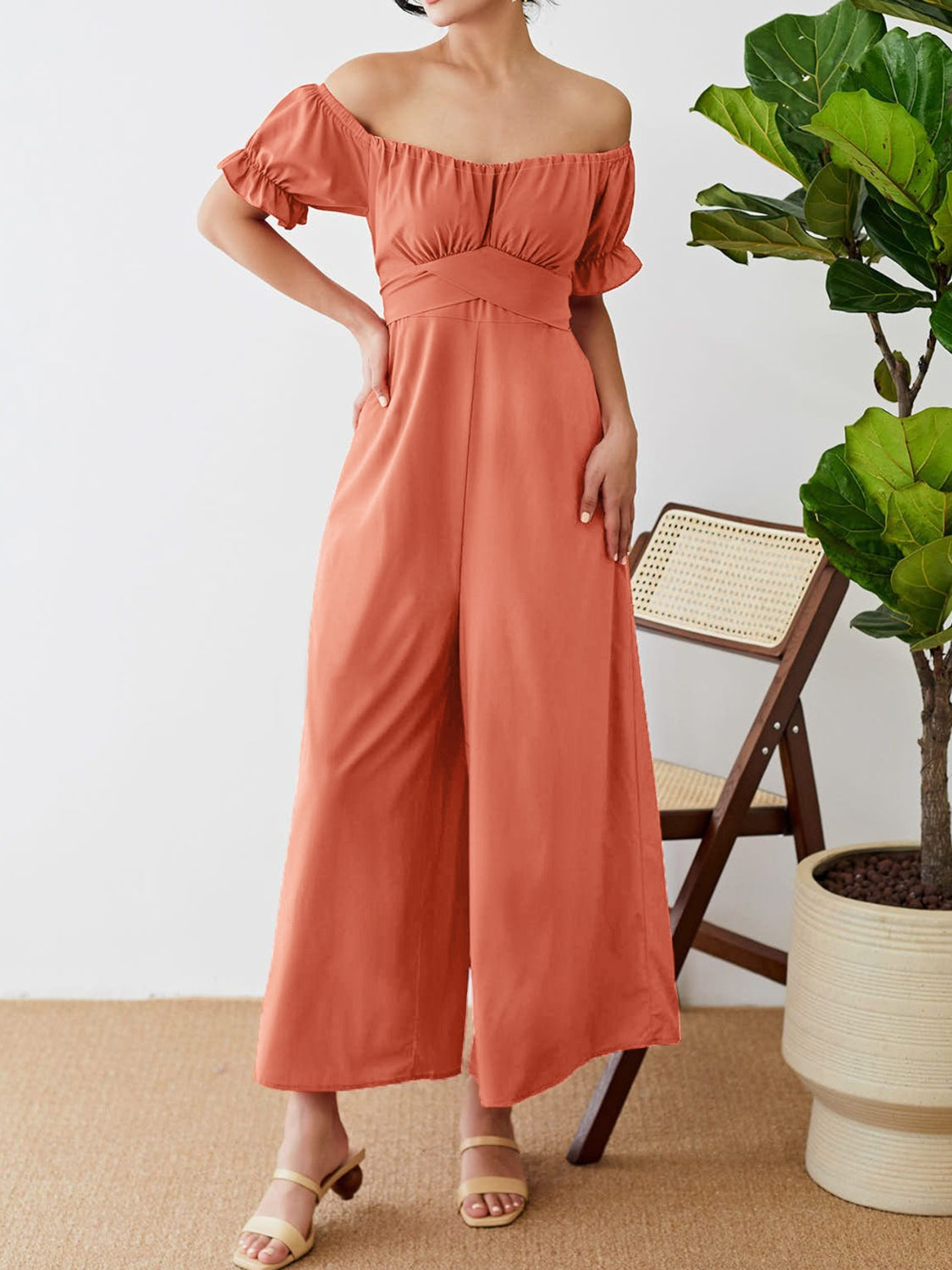 Off-Shoulder Short Sleeve Wide Leg Jumpsuit Coral