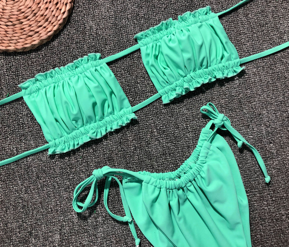 Ruched bikini set with flirty frill trim