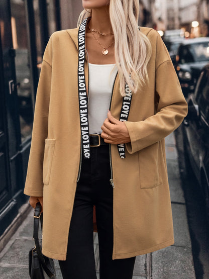 Letter Print Strap Zip Up Hooded Trench Coat Caramel