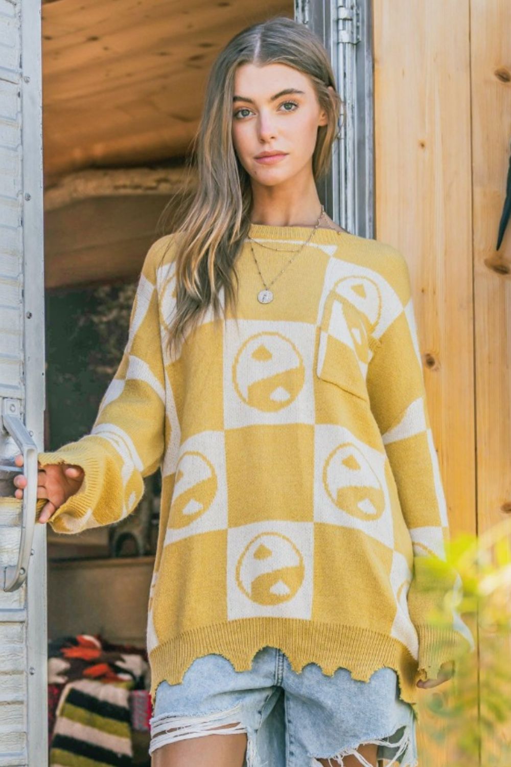 And The Why Checkerboard Sweater with Yin Yang Pattern Mustard