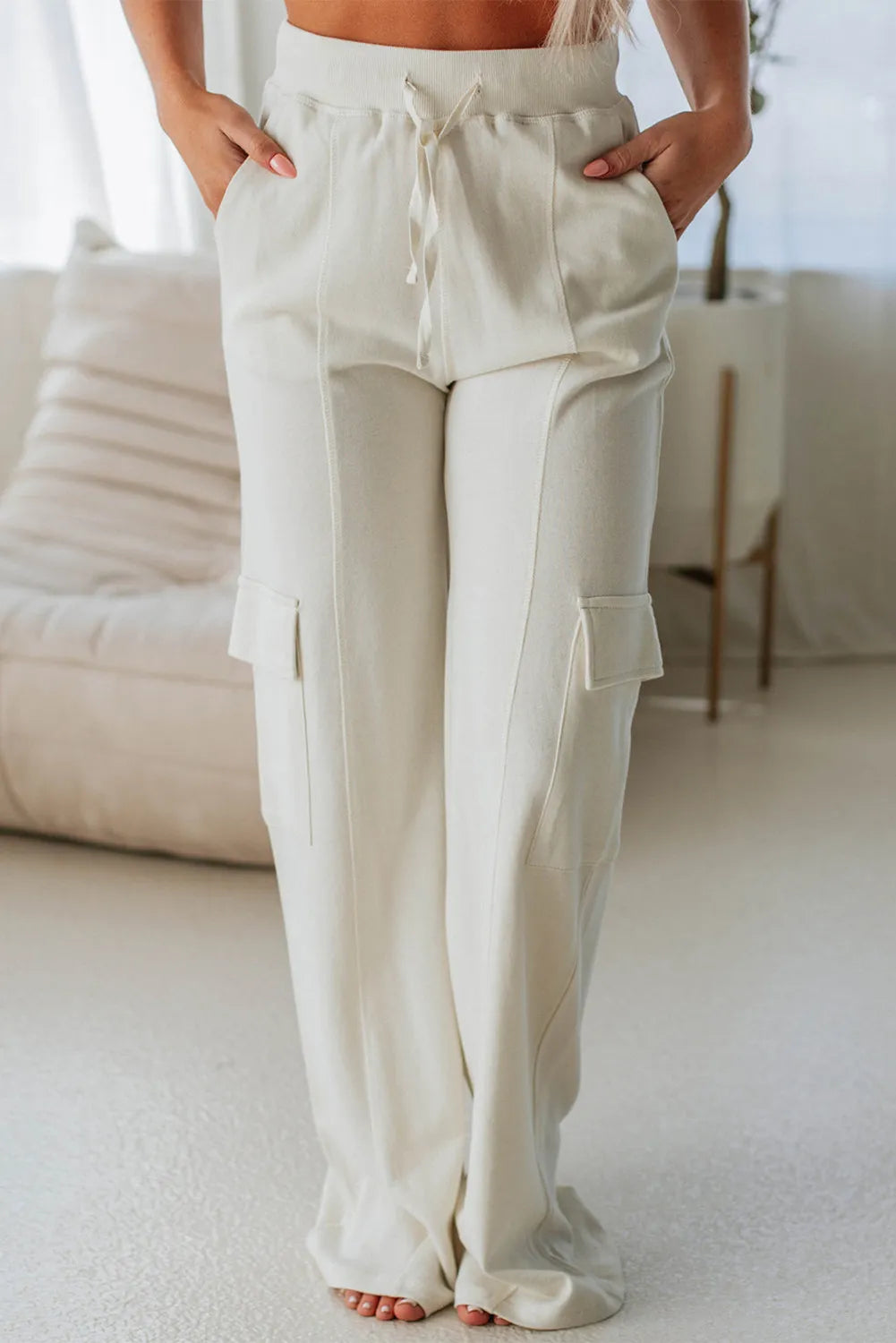 Drawstring High Waist Pants with Pockets Ivory