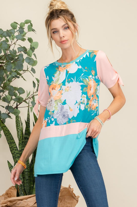 Celeste Full Size Open Tie Sleeve Floral Contrast Top Mint Floral