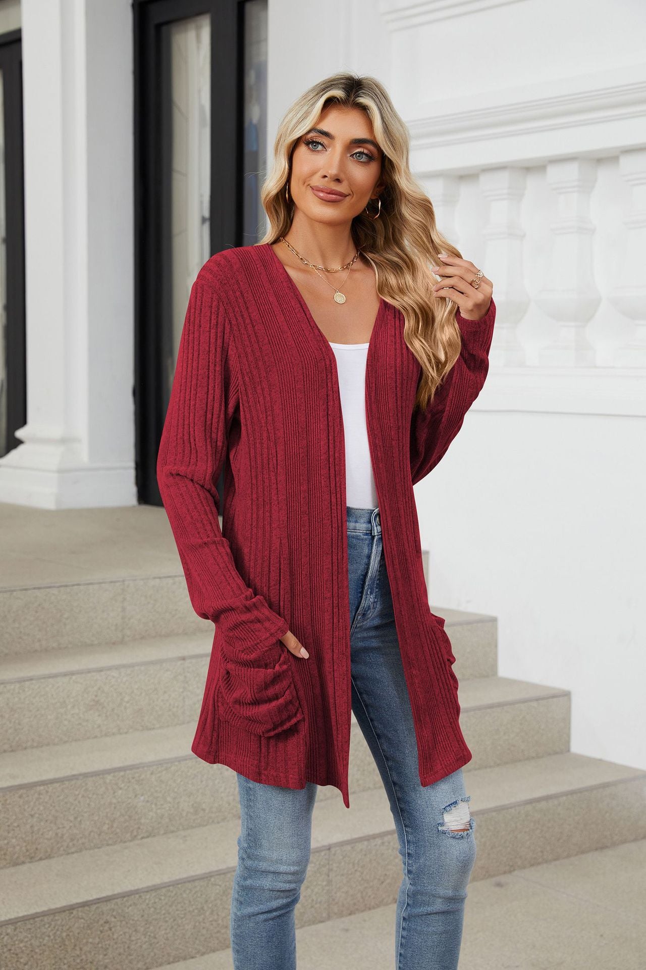 Pocketed Open Front Long Sleeve Cardigan Burgundy