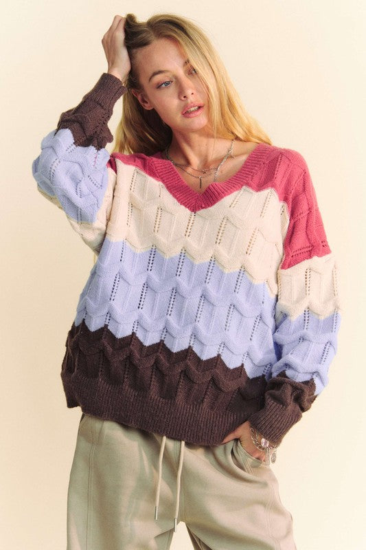 Davi & Dani Wavy Texture Color Block V-Neck Sweater mauve light blue