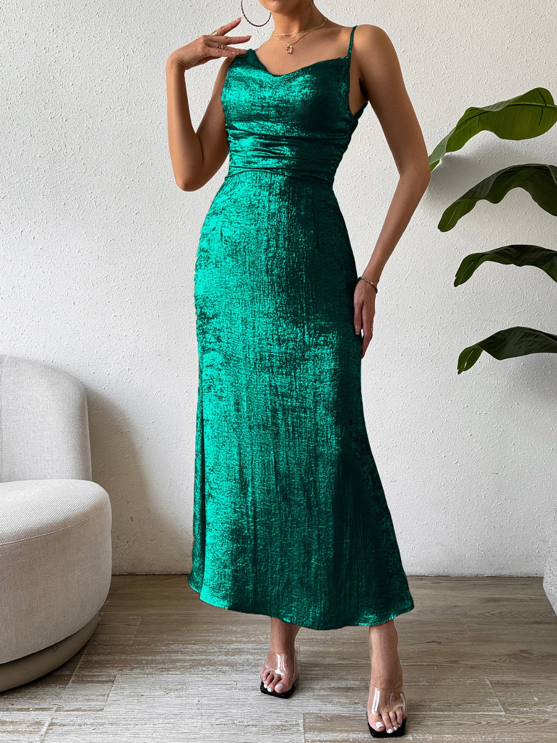 Elegant Asymmetrical Midi Dress Dark Green