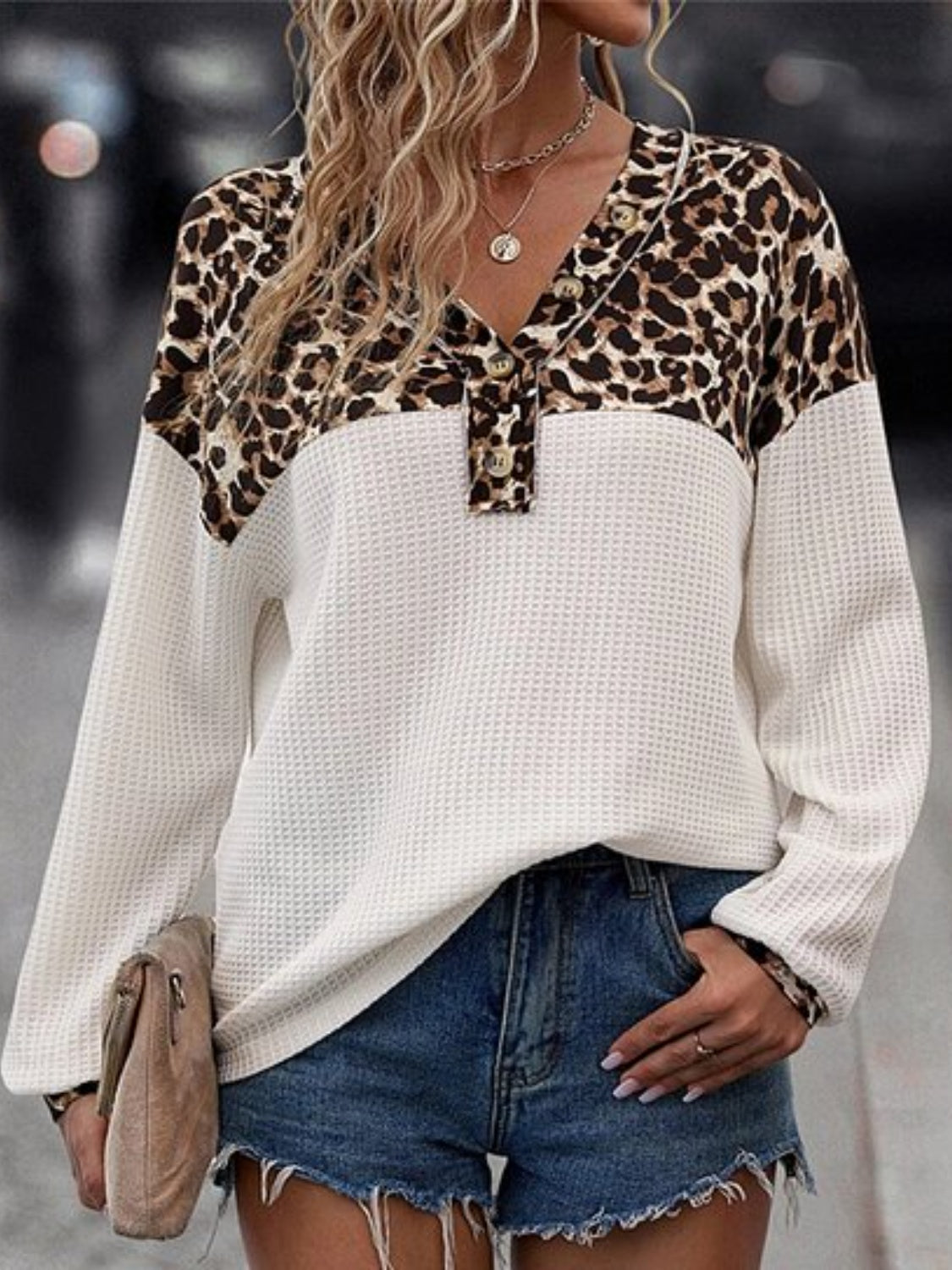 Women's Leopard Waffle Knit Button-Up Top