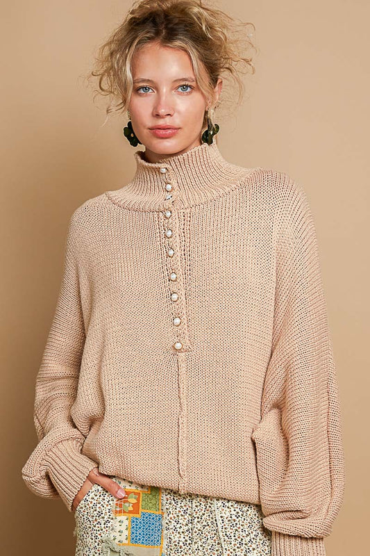 POL Pearl Detail Turtleneck Long Sleeve Sweater Latte