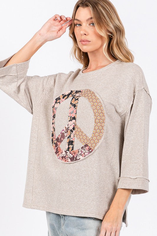 SAGE + FIG Floral Peace Patch Round Neck Top Oatmeal