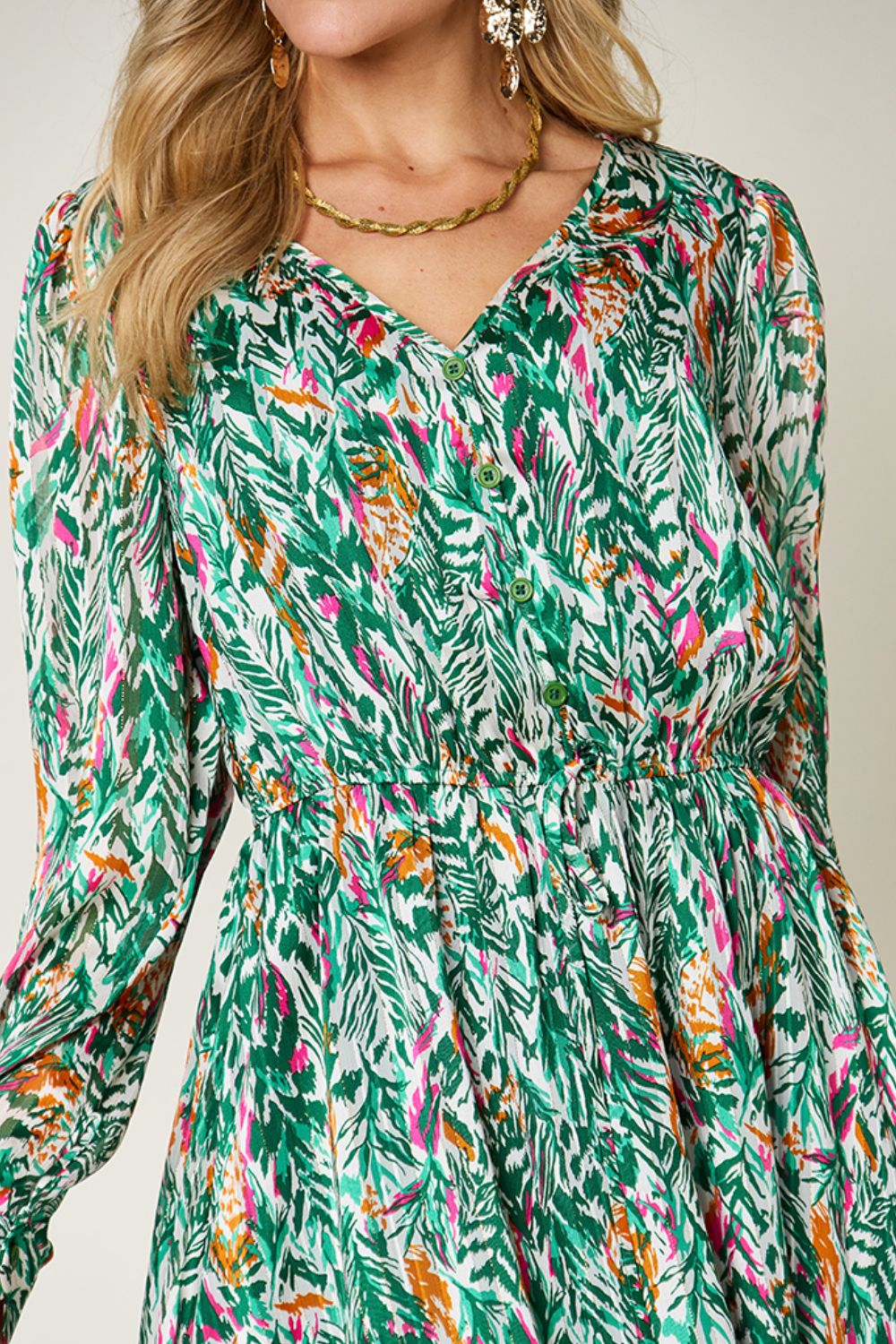 Printed Long Sleeve Drawstring Dress