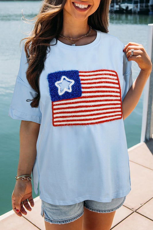 US Flag Round Neck Short Sleeve T-Shirt Light Blue