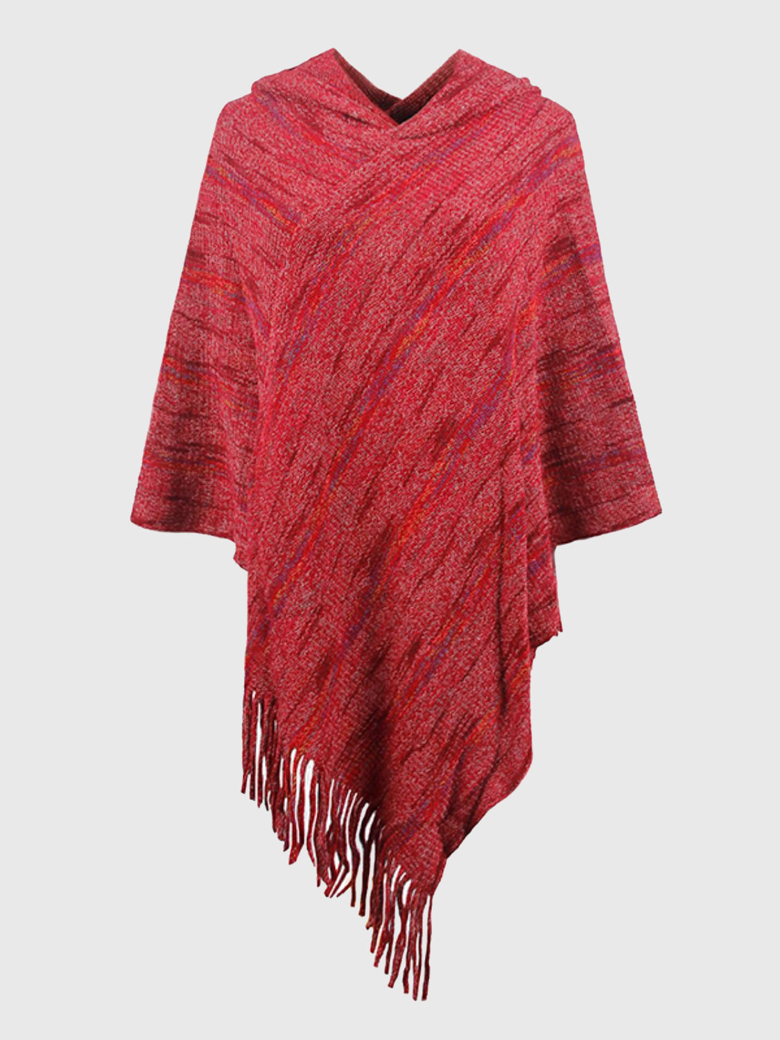 Fringe Hem Hooded Poncho Wine One Size