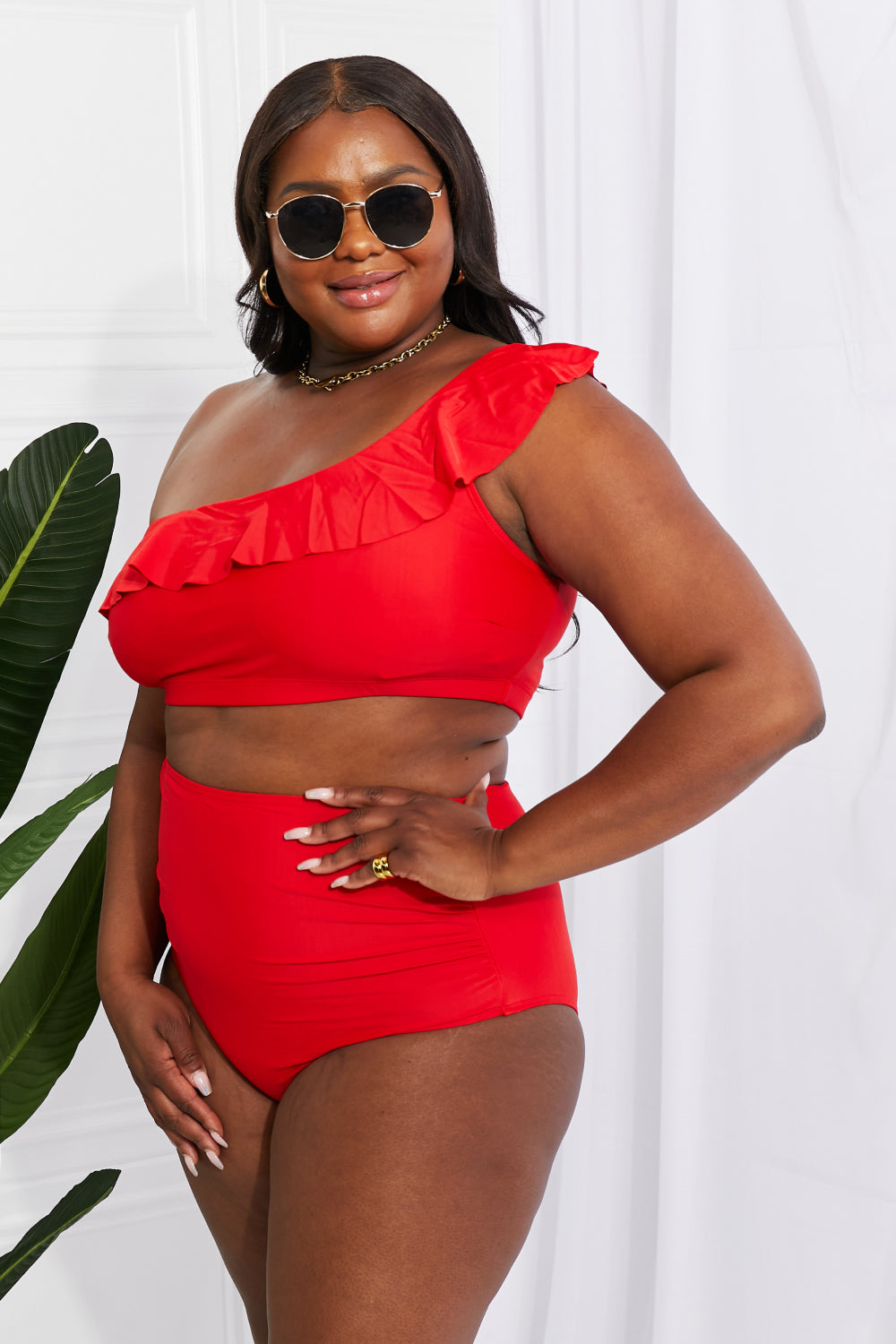 Red Ruffle One-Shoulder High-Waisted Bikini Scarlett