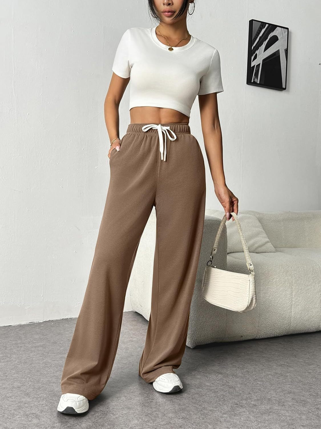 Drawstring Wide Leg Pants with Pockets Taupe