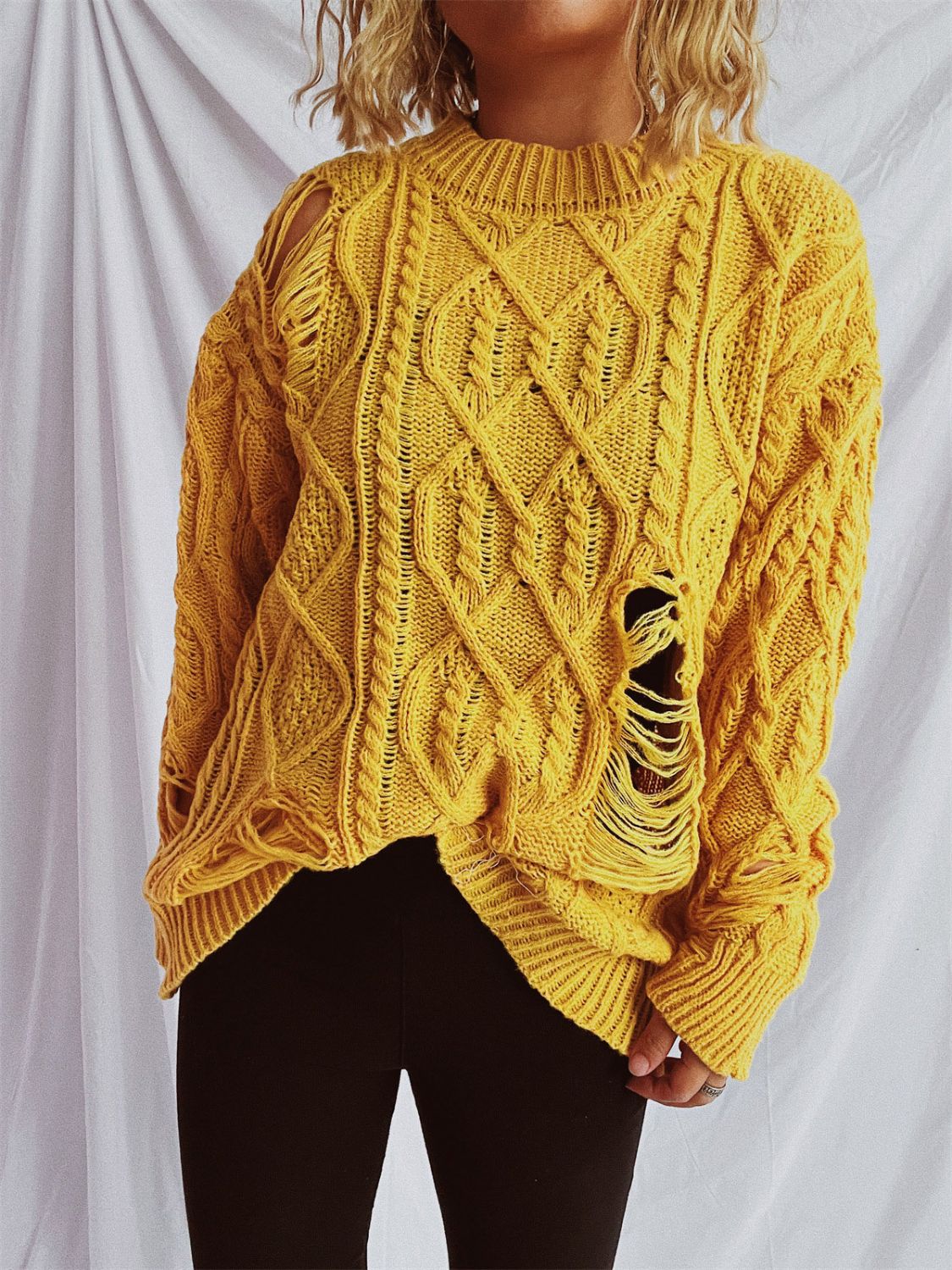 Distressed Cable-Knit Round Neck Long Sleeve Sweater Mustard One Size