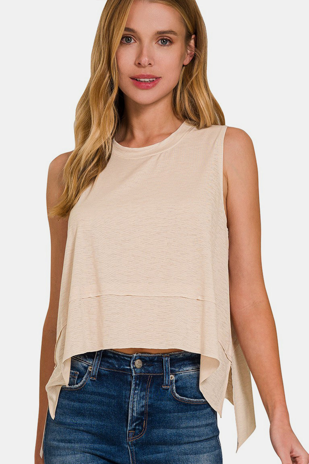 Zenana Exposed Seam Slit Round Neck Tank Sand Beige