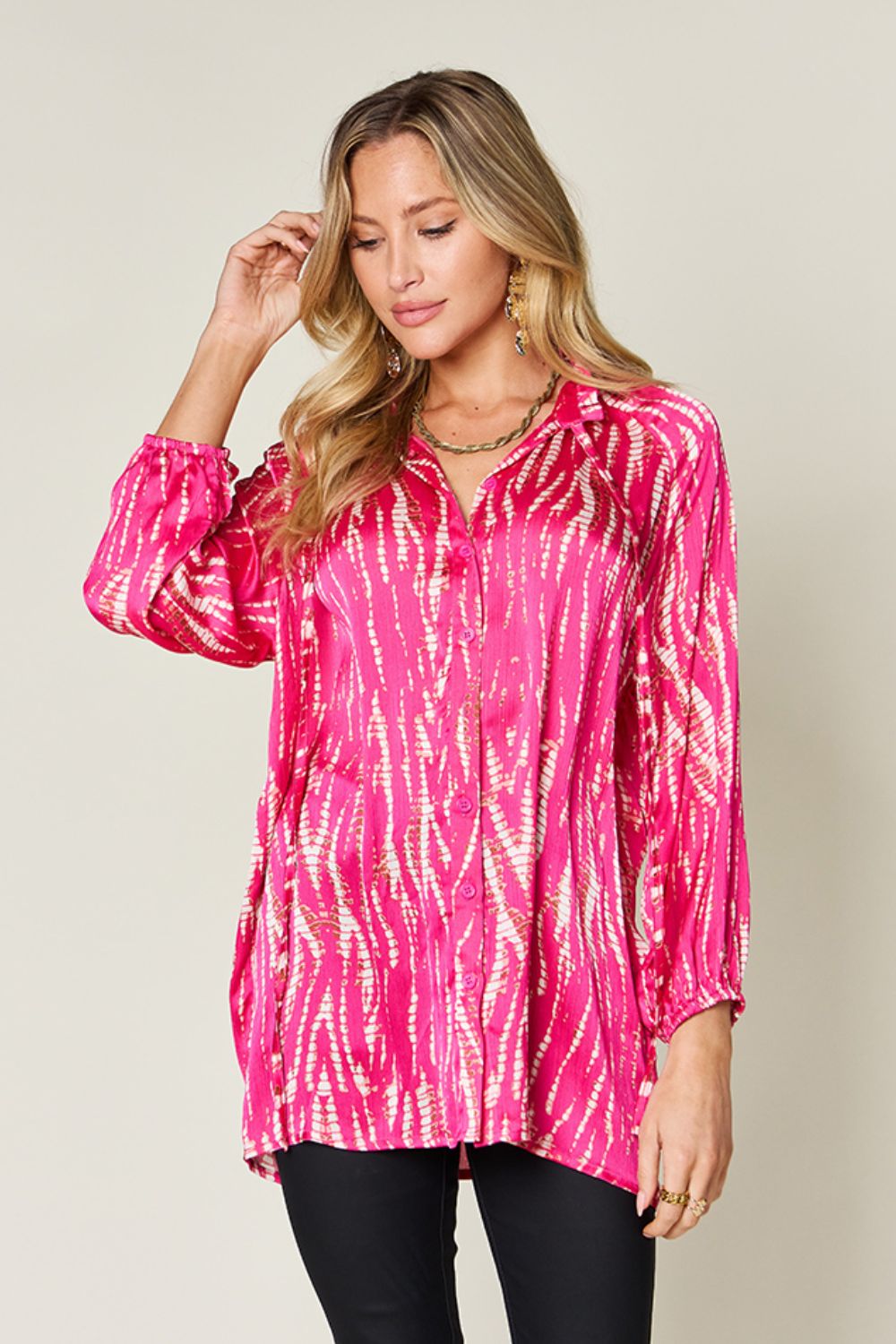 Opaque Printed Button-Up Long Sleeve Shirt Deep Rose