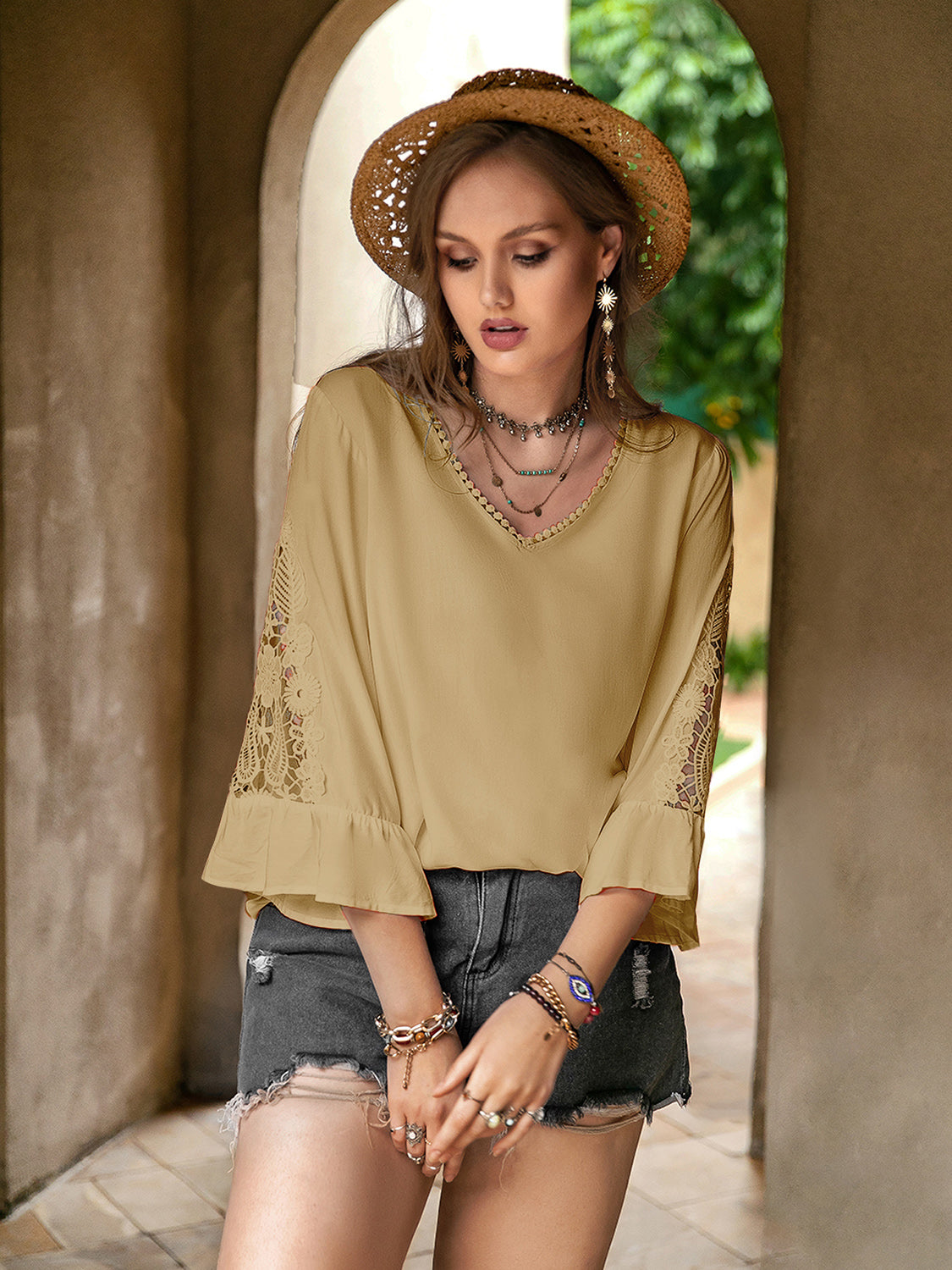 Plus Size Lace Detail V-Neck Flounce Sleeve Blouse Camel